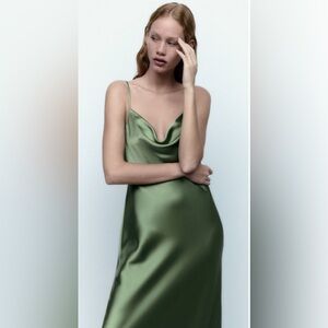 NWT ZARA green satin effect flowy neckline rhinestone applique slip dress,Size M